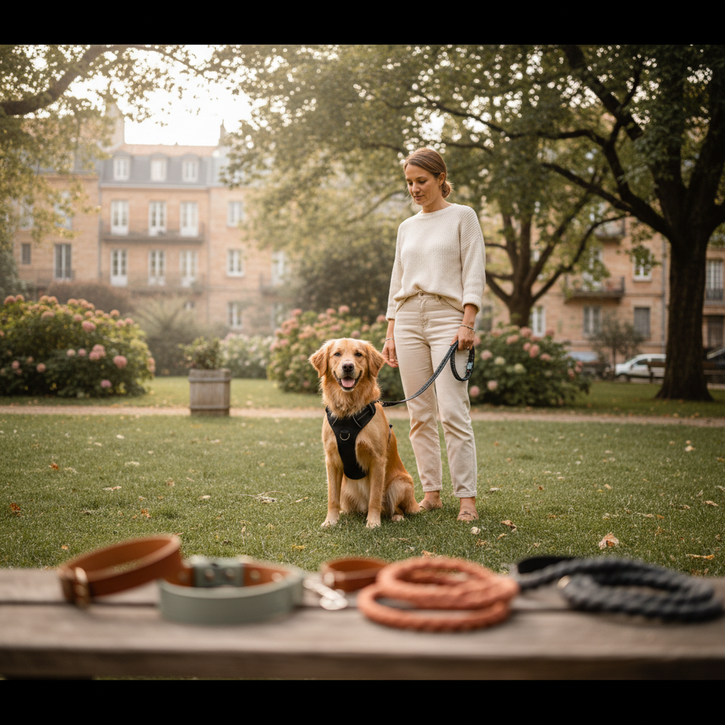 Glad hund i en välsittande, ergonomisk sele och matchande koppel, redo för en promenad i en europeisk stadspark med sin ägare.