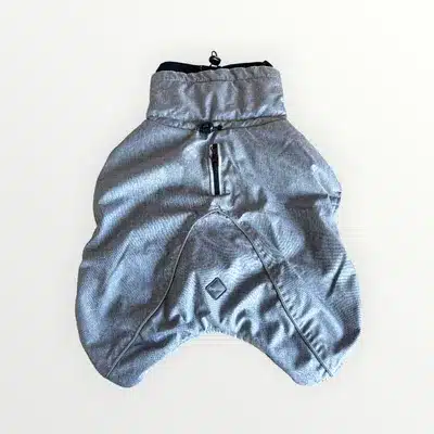 Dog wearing Dogman grey dog jacket, back length 35 cm, front view