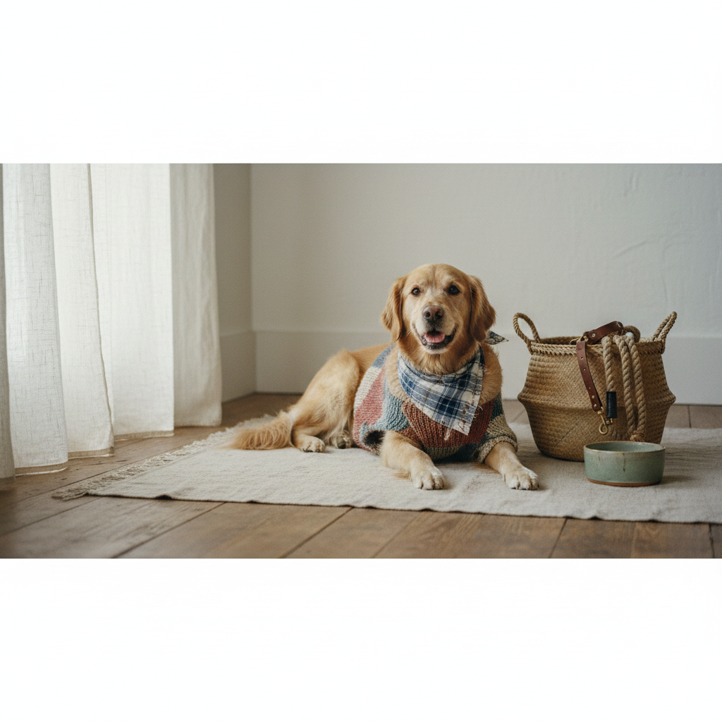 En glad golden retriever tittar upp mot sin ägare som håller i ett återanvänt läderkoppel, i en ljus och välkomnande hall hos SpringButiken.