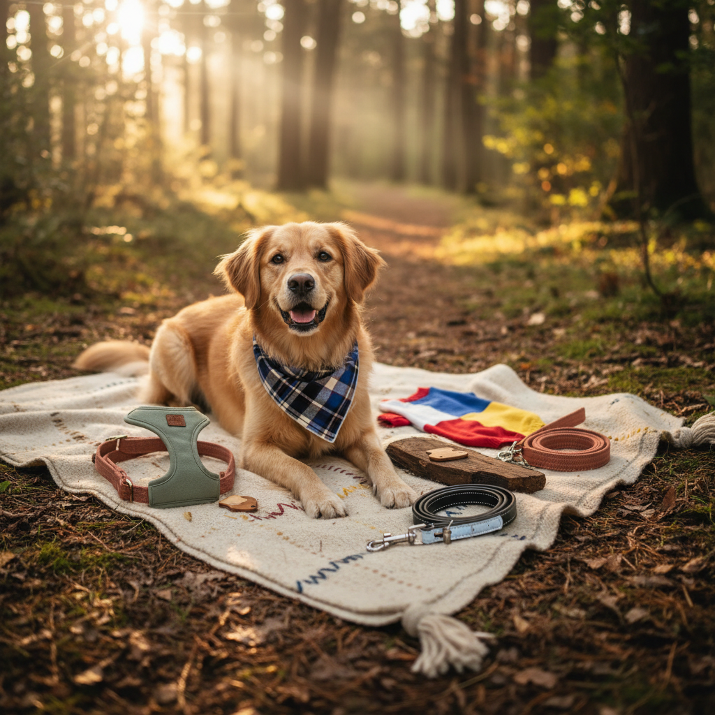 Joyeux chiot croisé joue avec un jouet à mâcher recyclé dans un parc verdoyant, propriétaire visible en arrière-plan. Met l'accent sur le jeu et la durabilité.
