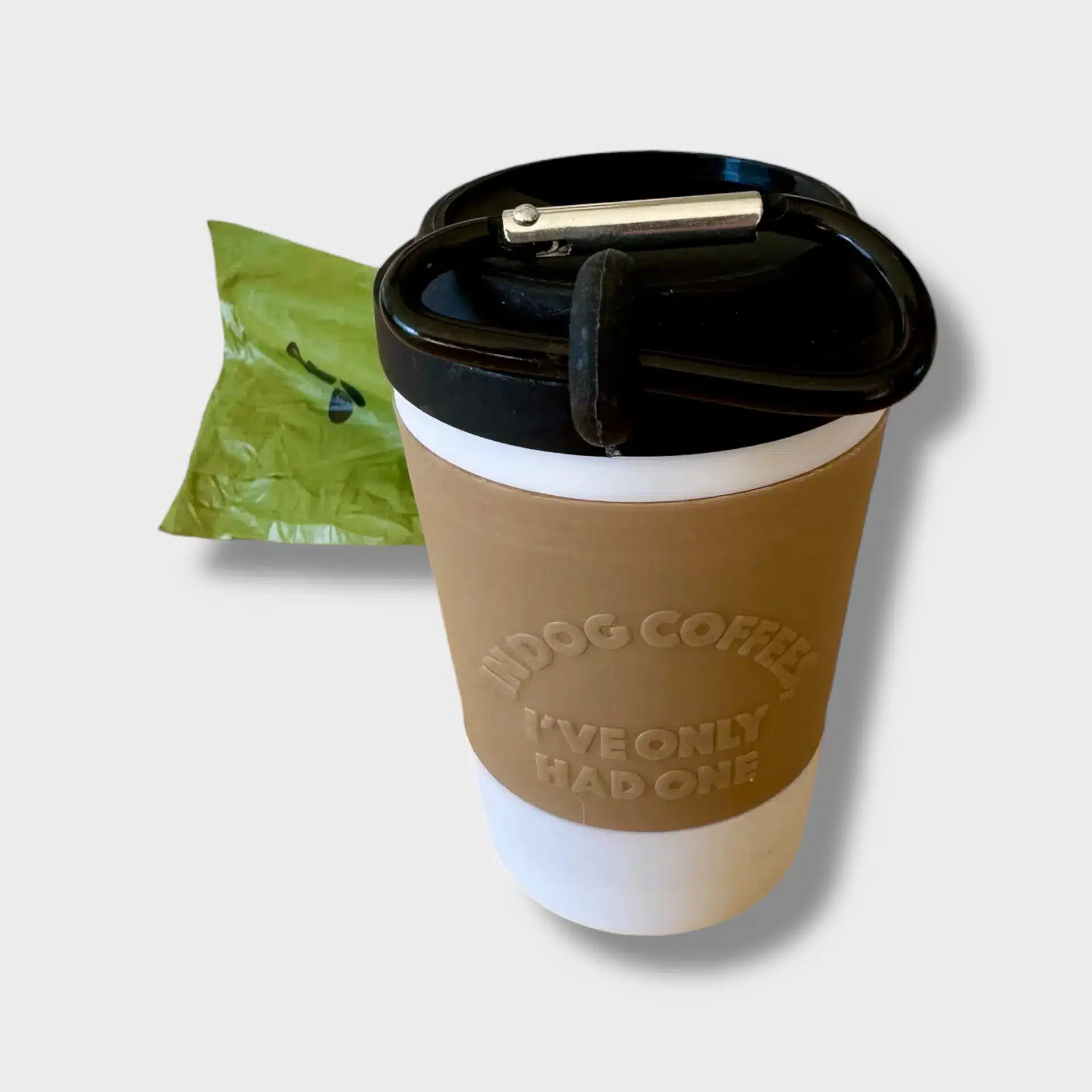 Vit och svart Dog Coffee bajspåsehållare med karbinhake
