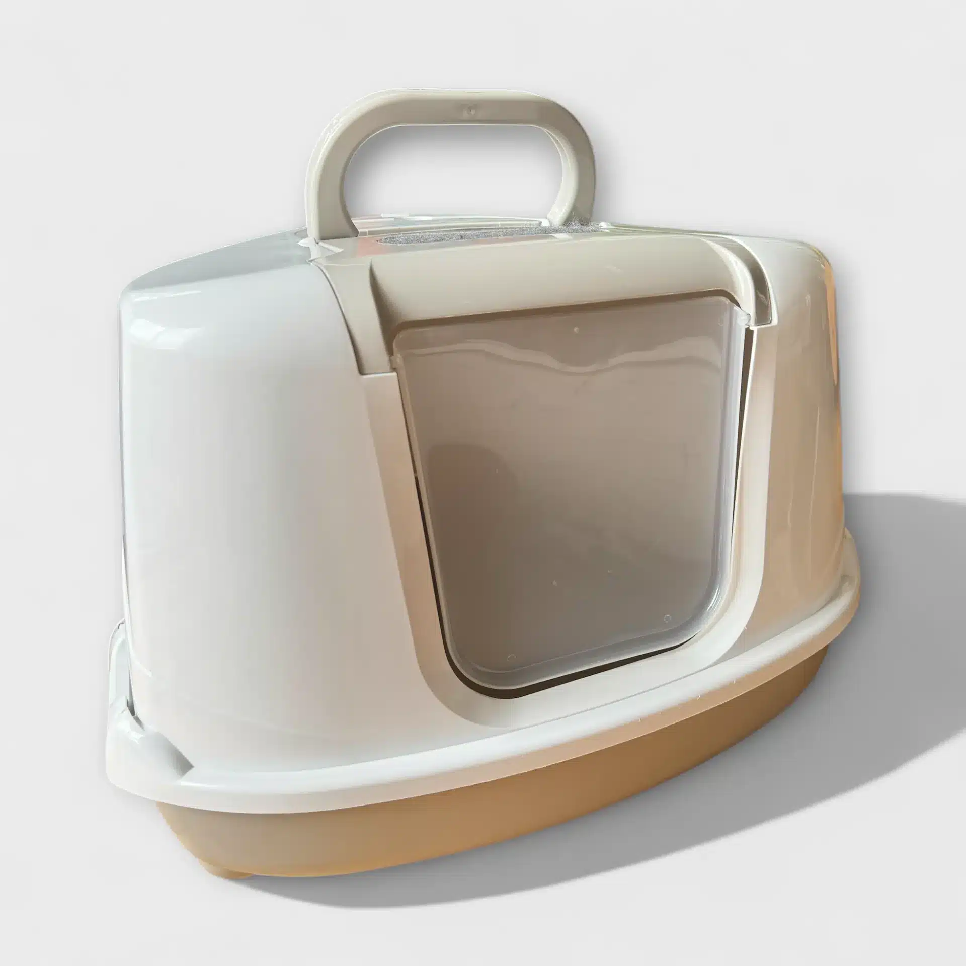 Iglo Flip Hörn kattlåda i beige med en öppen front, perfekt för katter