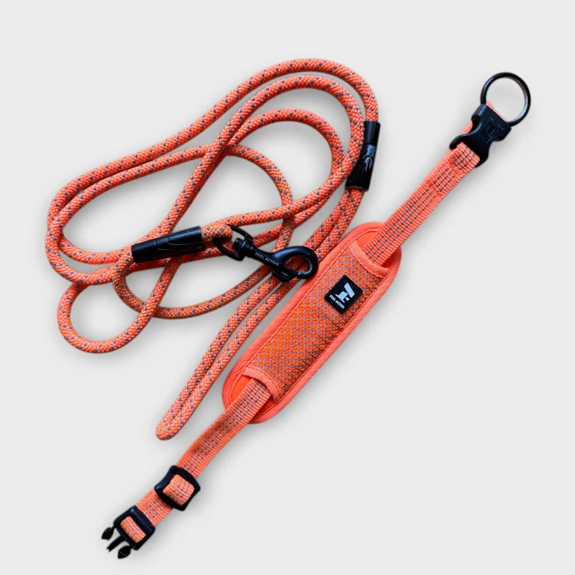 Detail of beige Feel Active collar with metal ring and rope leash on white background, SpringButiken